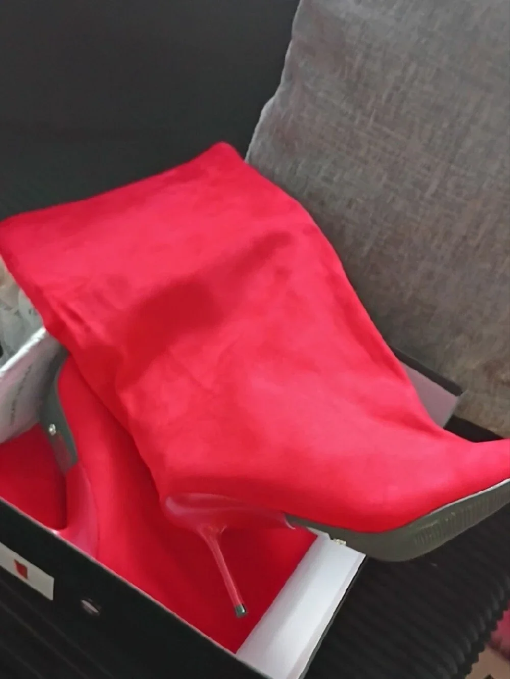 Red Suede Pointed-Toe Stiletto Mid-Calf Boots